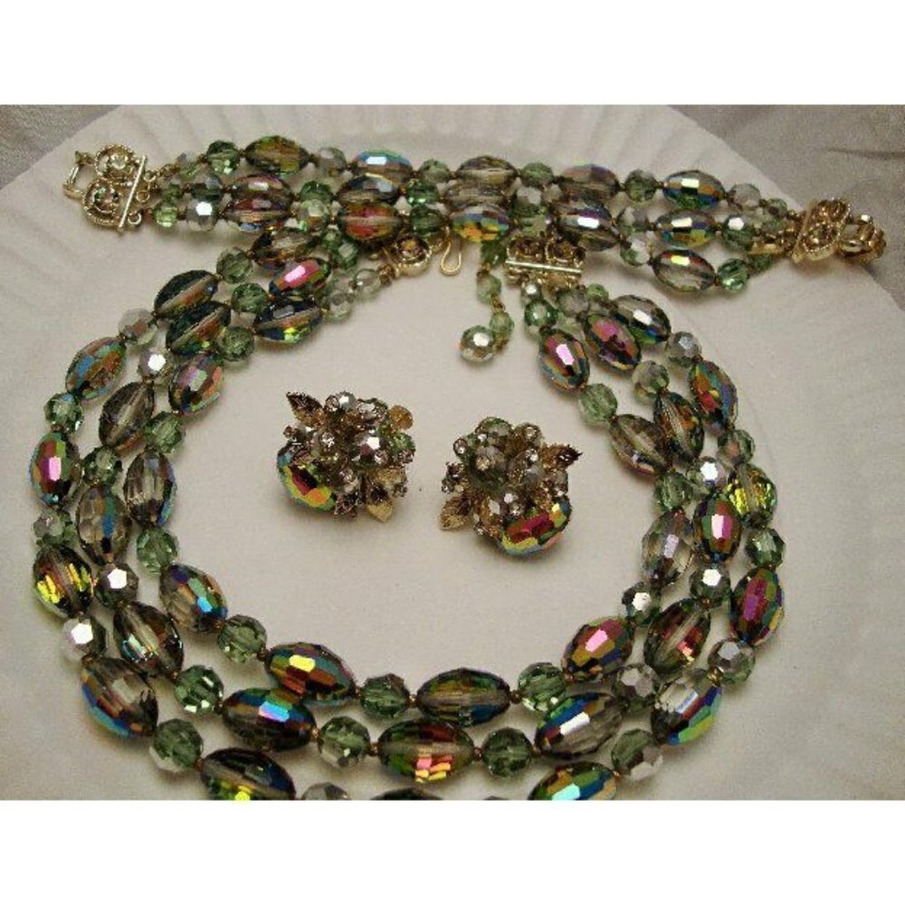 Vendome High End Crystal 3 Strand Necklace Earrings Bracelet Parure